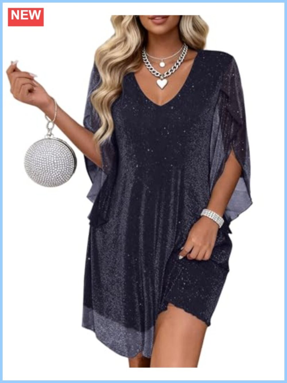 Sparkly Chiffon Cocktail Dress Flutter Sleeve Wedding Guest Party